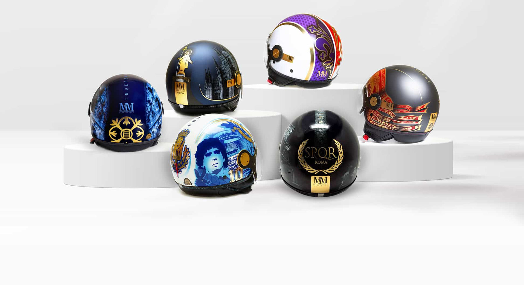 helmets from mm independent's homeland collection customised for major Italian cities